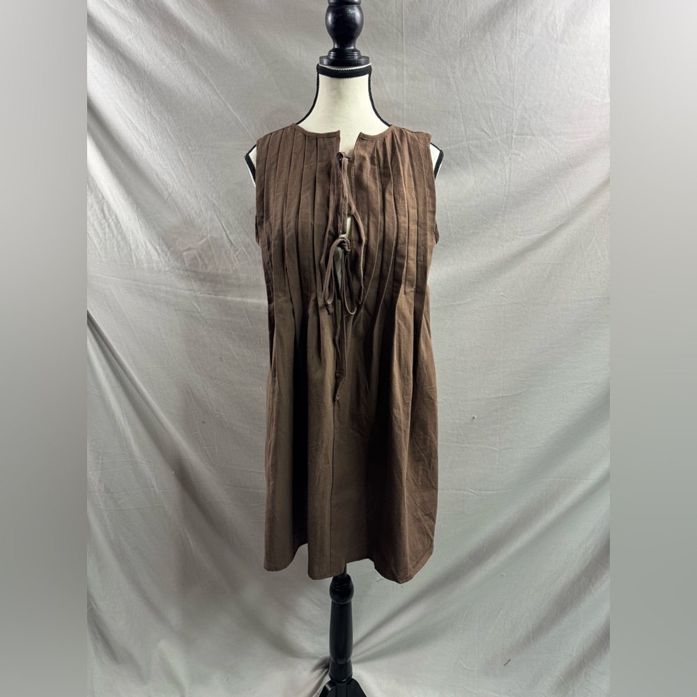 Earthy 100% Cotton Pleated Tie-Front Mini Dress Chocolate Brown - Picture 6 of 7